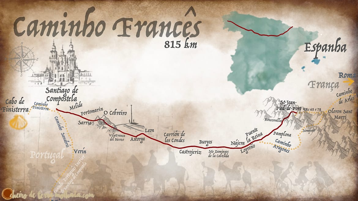 Mapa Caminho Francês, de Santiago a Roma