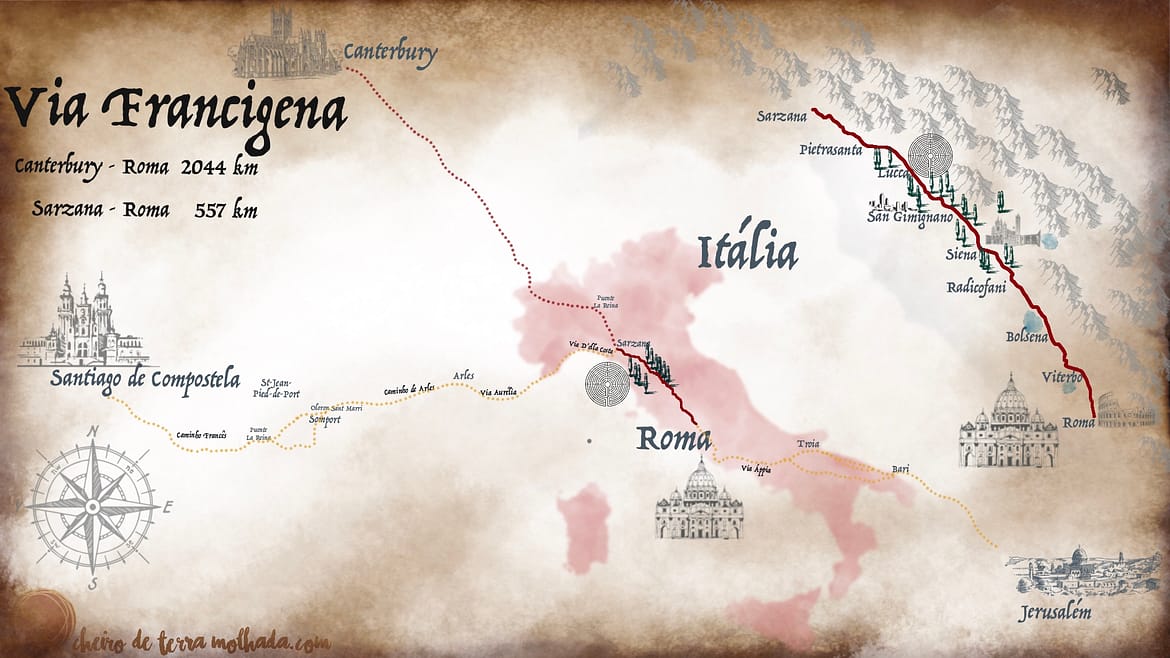 Via Francigena, mapa de Santiago a Roma