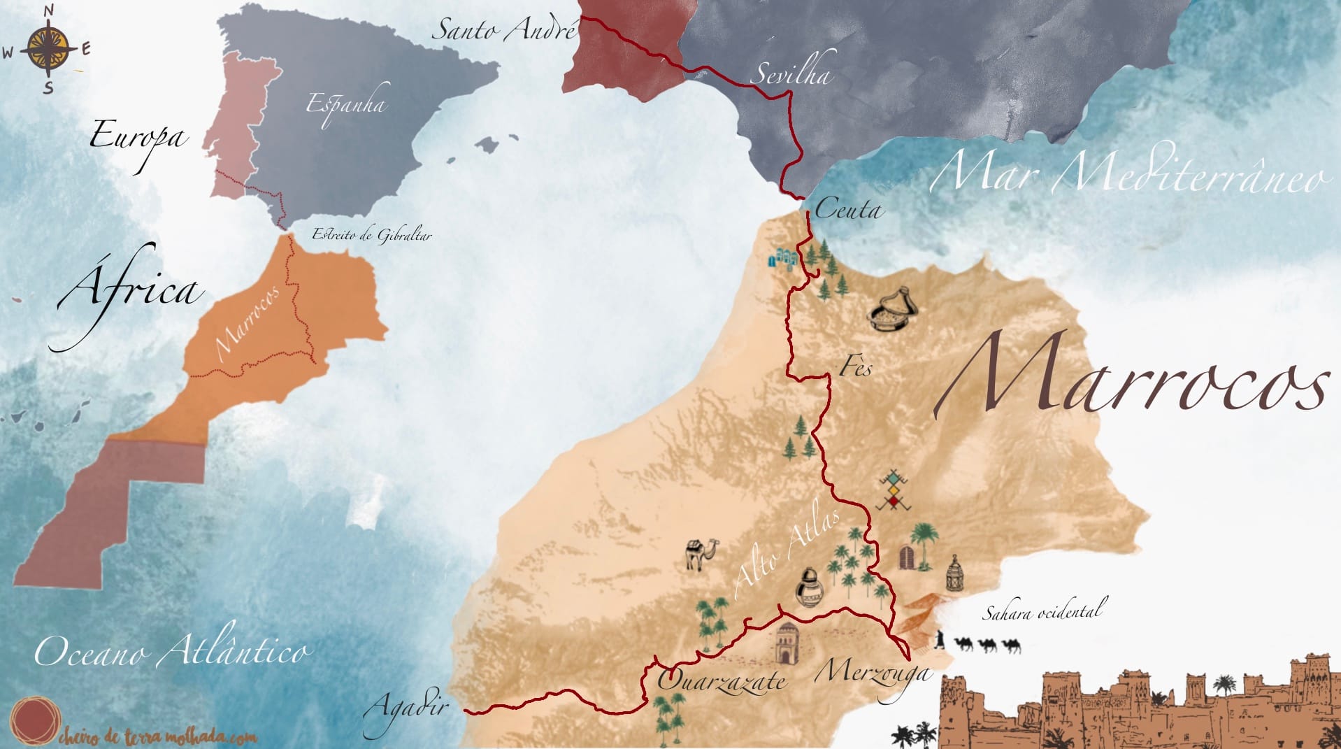 Mapa viagem de bicicleta em Marrocos